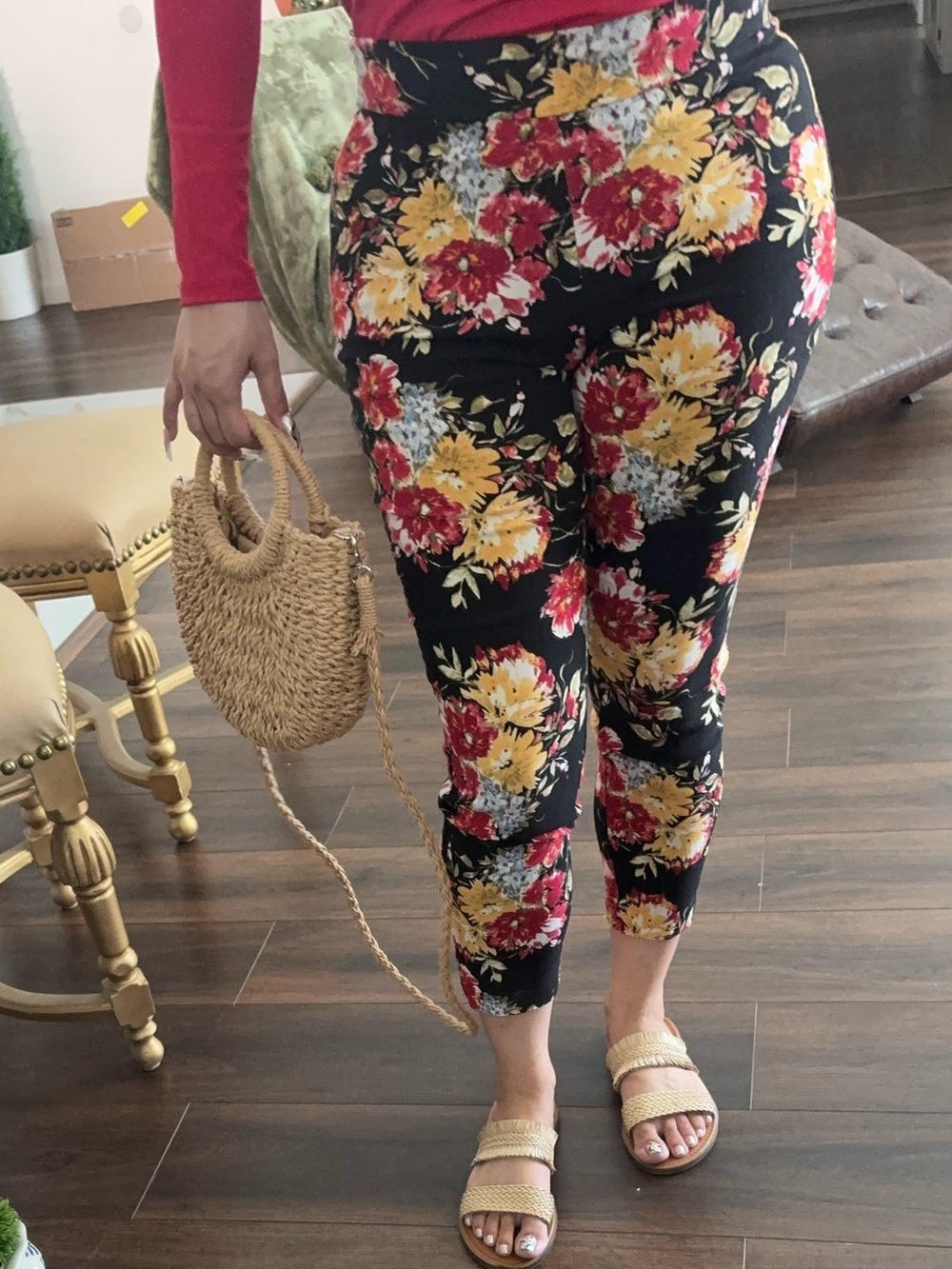 Floral Tapered Crop Pants - Black with Red & Yellow Bloom